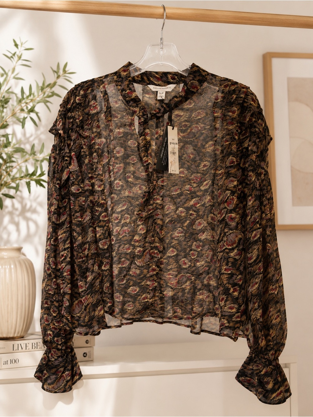 Chelsea28 Black Floral Sheer Ruffle Tie-Neck Blouse